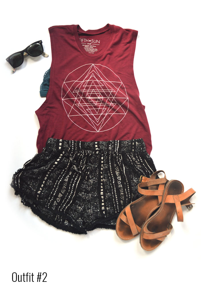 Coachella outfit # 2 - Muscle tank top, printed shorts, lace bralette // Nattie on the Road