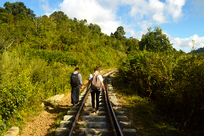Hiking along the train tracks in rural Myanmar